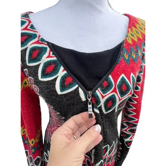 Aryeh Sweater Dress Women's MEDIUM Boho Geometric Mini Zip Front Long Sleeve - Picture 4 of 9